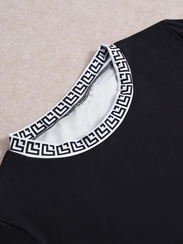  Contrast Binding Pleated A Line Dress, Casual Mock Neck Long Sleeve Dress for Spring & Fall, Women's Clothes for Daily Wear